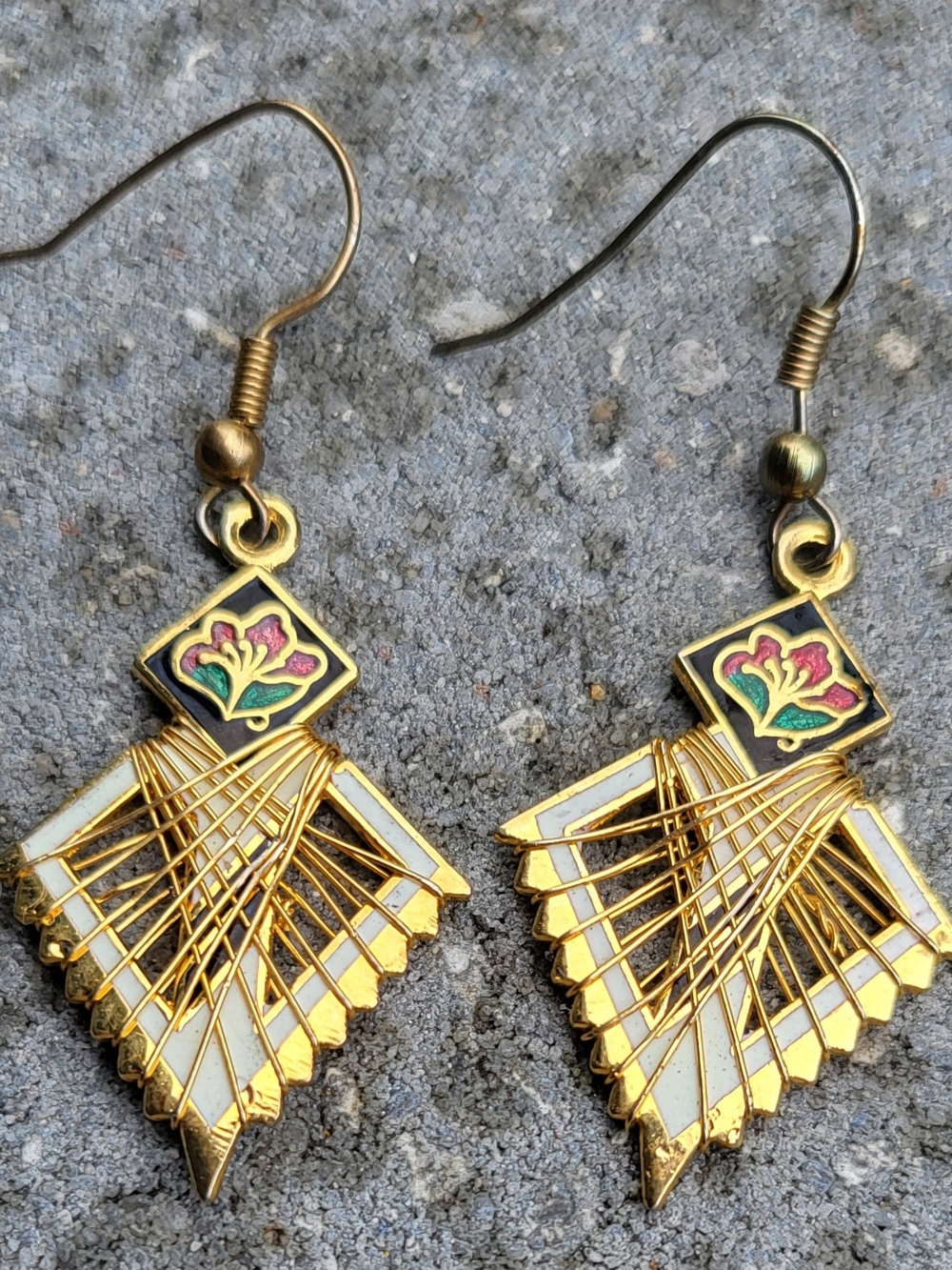Golden Wire Wrap Floral Cloisonne Earrings
